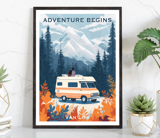 Adventure Begins - Van Life | Travel Poster | Modern Wall Art